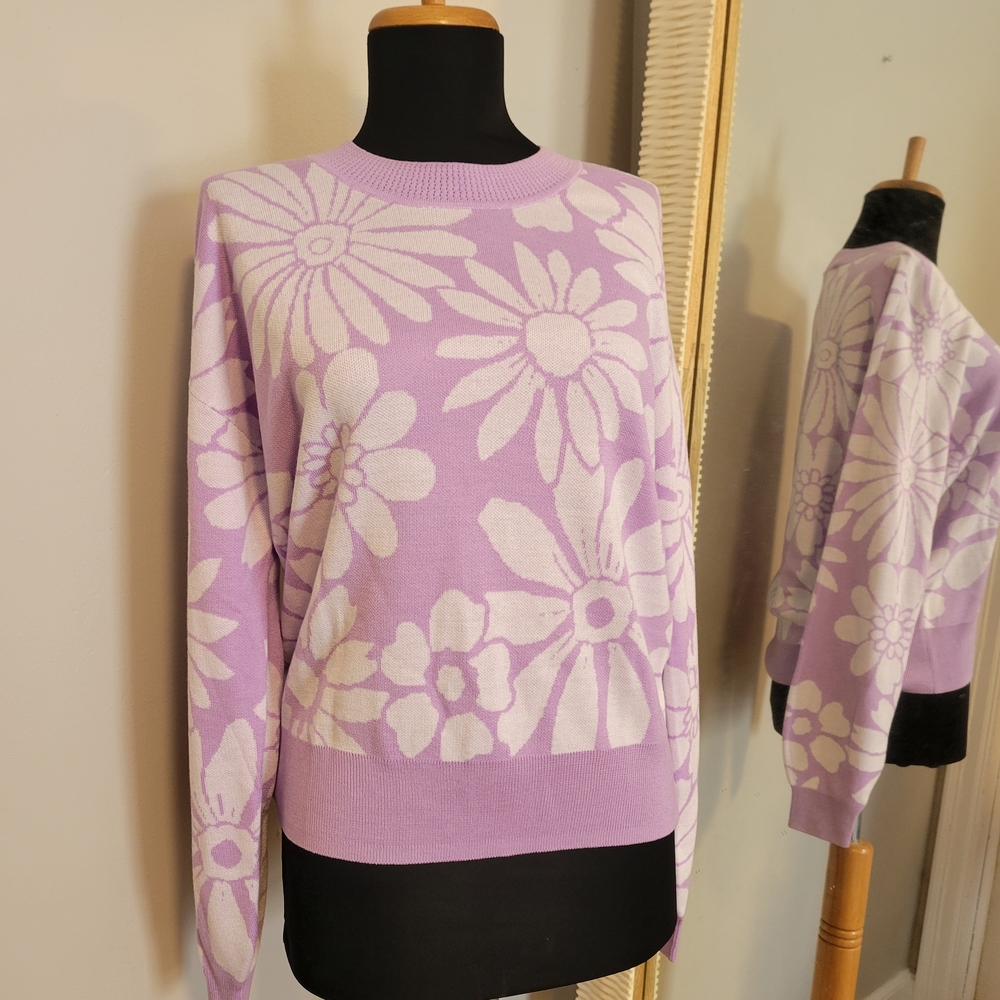 LOFT Floral Purple and White Sweater